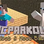 Dos personajes de estilo bloque sonrientes, uno con camiseta azul y otro blanco, se encuentran en un escenario de plataformas de madera, con el texto MCPARKOUR Noob & Noob Baby en la parte inferior