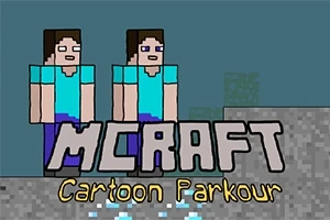 Dos personajes pixelados con camisetas azules junto al texto MCRAFT Cartoon Parkour sobre un fondo simple