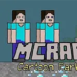 Dos personajes pixelados con camisetas azules junto al texto MCRAFT Cartoon Parkour sobre un fondo simple