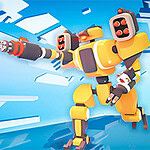 Un robot amarillo grande con armas extendidas sobre un fondo azul, acompañado de otros robots más pequeños