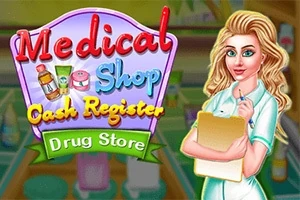 Una mujer rubia con uniforme médico sostiene un portapapeles frente a un letrero colorido que dice Medical Shop Cash Register Drug Store