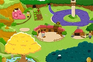 Un paisaje colorido con un río en forma de serpiente, casas pequeñas, un árbol amarillo y un dinosaurio rosa junto a una montaña