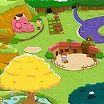 Un paisaje colorido con un río en forma de serpiente, casas pequeñas, un árbol amarillo y un dinosaurio rosa junto a una montaña