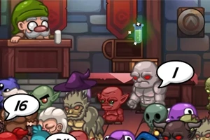 Un grupo de personajes coloridos y caricaturescos, que incluyen un gnomo, un orco, y zombis, reunidos en una barra dentro de una taberna medieval