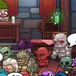 Un grupo de personajes coloridos y caricaturescos, que incluyen un gnomo, un orco, y zombis, reunidos en una barra dentro de una taberna medieval