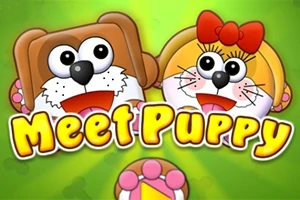 Dos personajes de estilo caricatura, un perro y una gata con lazo rojo, sobre un fondo verde, con el texto Meet Puppy en letras amarillas