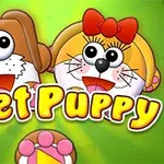 Dos personajes de estilo caricatura, un perro y una gata con lazo rojo, sobre un fondo verde, con el texto Meet Puppy en letras amarillas