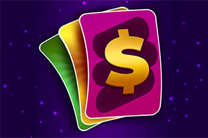 Tres cartas coloridas superpuestas sobre un fondo morado con estrellas, destacando un símbolo de dólar en la carta del frente