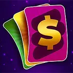 Tres cartas coloridas superpuestas sobre un fondo morado con estrellas, destacando un símbolo de dólar en la carta del frente