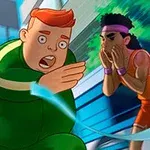 Personajes caricaturizados corriendo con ropa de colores brillantes en un entorno urbano futurista