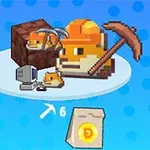 Hámster pixelado con casco de construcción, pico y computadora, junto a una bolsa de monedas sobre un fondo azul
