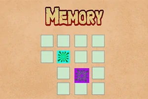Título Memory sobre una cuadrícula de tarjetas con dos tarjetas levantadas mostrando patrones en colores turquesa y morado