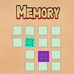 Título Memory sobre una cuadrícula de tarjetas con dos tarjetas levantadas mostrando patrones en colores turquesa y morado