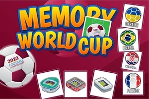 Texto Memory World Cup en letras grandes con un balón de fútbol y tarjetas con banderas de diferentes países sobre un fondo rojo