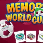 Texto Memory World Cup en letras grandes con un balón de fútbol y tarjetas con banderas de diferentes países sobre un fondo rojo
