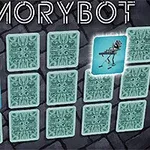 Tarjetas volteadas en un juego de memoria con un robot tocando un teclado