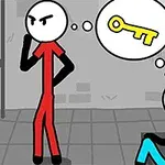 Dos figuras de palitos, una de pie en rojo y otra sentada en azul, en una celda de prisión; la figura azul piensa en una llave amarilla