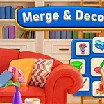 Sala colorida con un sofá rojo, cojines, estantería llena de libros y un panel de íconos decorativos al frente