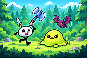 Personaje redondo con espada y hacha enfrentando a un slime verde y un murciélago morado en un bosque