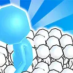 Figura azul estilizada en 3D sobre un fondo de esferas blancas y rayos azules
