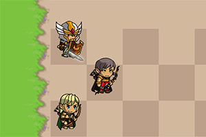 Tres personajes de estilo pixel art con armaduras y armas están posicionados sobre un tablero cuadrado con borde de césped verde