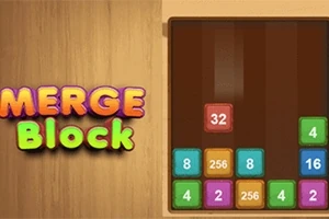 Bloques de colores con números en una cuadrícula sobre un fondo de madera, junto al texto Merge Block