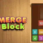 Bloques de colores con números en una cuadrícula sobre un fondo de madera, junto al texto Merge Block