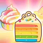 Rebanada de pastel arcoíris con decoraciones de dulces, rodeada de un cupcake y un pastel decorados, sobre un fondo colorido y brillante