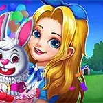 Niña rubia sonriendo junto a un conejo blanco con un reloj en un ambiente de fiesta al aire libre, con globos y confeti