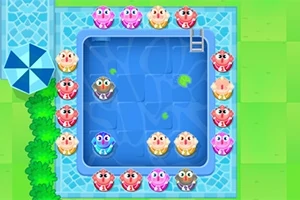 Personajes coloridos flotando alrededor y dentro de una piscina azul rodeada de baldosas y vegetación