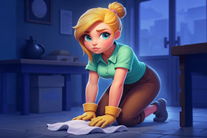 Merge Haven Persona animada con cabello rubio y guantes amarillos, limpiando el piso en una habitación con luz azulada