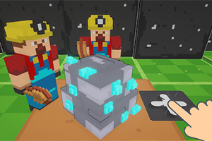 Dos personajes con cascos amarillos observan un bloque con cristales azules en una plataforma mientras una mano señala un botón cercano