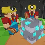 Dos personajes con cascos amarillos observan un bloque con cristales azules en una plataforma mientras una mano señala un botón cercano