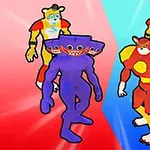 Dos personajes coloridos con cuerpos humanoides, uno morado con múltiples bocas y otro rojo con apariencia de felino, separados por un fondo dividido en rojo y azul