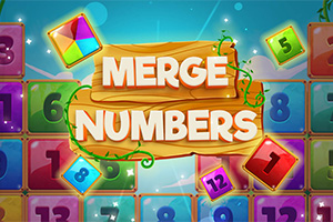 Texto Merge Numbers en un letrero de madera sobre un fondo de bloques numerados y colores brillantes