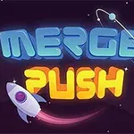 Texto Merge Push en letras estilizadas con un cohete y un fondo espacial oscuro