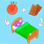 Bola de estambre con agujas y placas de madera que se combinan para formar una cama de madera con cobijas verdes y almohadas moradas