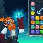 Un personaje con barba anaranjada sostiene una gema azul brillante mientras apunta a un tablero con fichas numeradas y una flecha