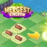 Tres troncos sobre un terreno verde se transforman en una pequeña cabaña con un efecto de brillo, junto al texto Mergest Kingdom