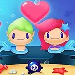 Dos personajes con colas de sirena, uno con cabello verde y otro con cabello rosa, rodeados de burbujas y corazones en un fondo submarino