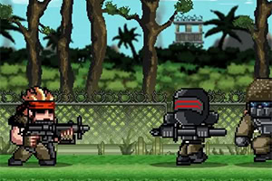 Tres personajes pixelados con armas, uno con una cinta roja en la cabeza, en un entorno de jungla con árboles y una cerca al fondo