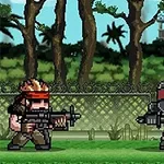 Tres personajes pixelados con armas, uno con una cinta roja en la cabeza, en un entorno de jungla con árboles y una cerca al fondo