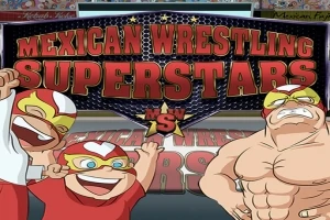 Luchadores enmascarados con trajes coloridos posan frente a un gran letrero que dice Mexican Wrestling Superstars