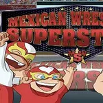 Luchadores enmascarados con trajes coloridos posan frente a un gran letrero que dice Mexican Wrestling Superstars