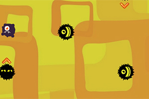 Fondo amarillo con figuras geométricas y criaturas negras con ojos amarillos