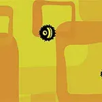 Fondo amarillo con figuras geométricas y criaturas negras con ojos amarillos