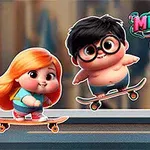Dos personajes infantiles y un monstruo azul patinando en una ciudad