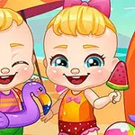 Dos bebés sonrientes en la playa, uno con un helado y el otro con una paleta de sandía, junto a un inflable púrpura
