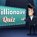 Presentador animado junto a un cartel iluminado que dice Millionaire Quiz