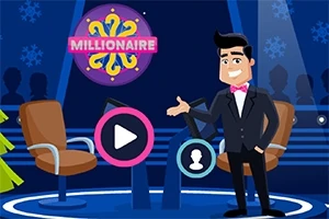 Anfitrión animado en un estudio con pantallas, asientos vacíos y un logotipo que dice Millionaire